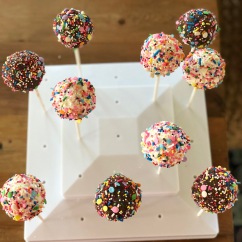 Cake Pops Dipped in White & Dark Chocolate, Finished with Rainbow Sprinkle Mix